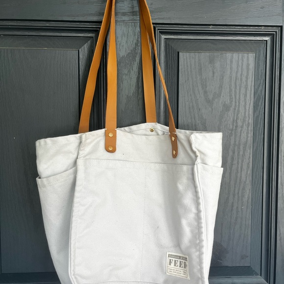 Feed White Canvas Tote with Brown Leather Straps - Picture 1 of 4